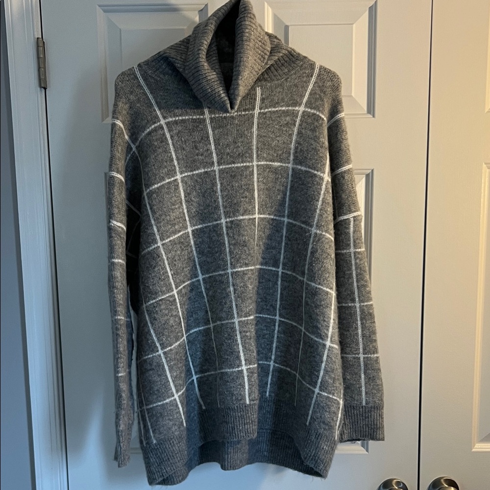 Gray Cowl Neck Windowpane Sweater